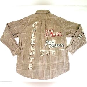 Custom Bleached Miami 305 Life Flannel Shirt Men's Large 100% Cotton Grunge Y2K